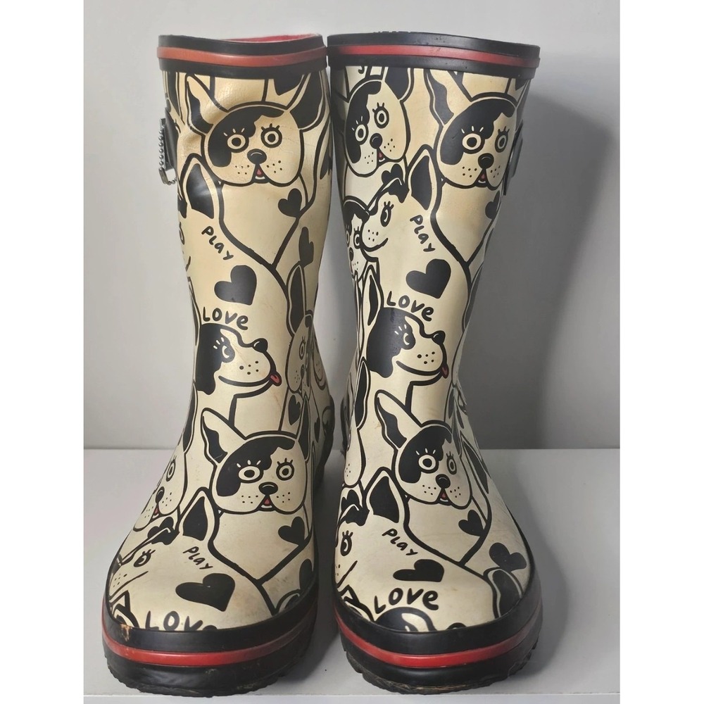 BOBS for Dogs Rain Boots Women's Size 8 Dog Print Rubber Mid Calf Black Red
